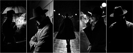 Collage of photos in the noir style with a man in a raincoat and hat in the rainの写真素材