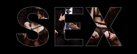 Creative inscription Sex with a BDSM couple. Collage with a dominant man and a submissive girlの写真素材