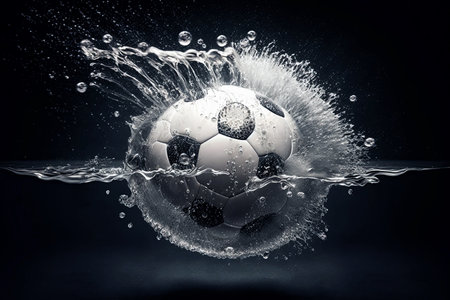soccer ball floats in the water with splashes on a dark backgroundの素材