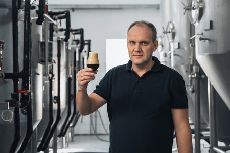 brewer at a brewery with glass of fresh beerの写真素材