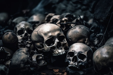 skulls and bones of people killed in genocide war in crypt burial in cemetery. Generative AI illustrationの素材