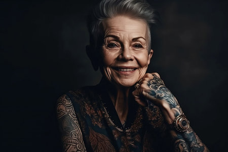 portrait of stylish elderly happy woman in tattoos smiling on dark background. Generative AIの素材