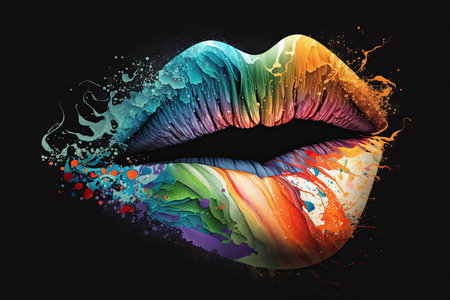 colored lips of a girl with splashes of bright multicolored paint. Art poster with female mouthの素材