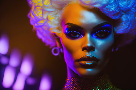 drag queen style transvestite black man with makeup in a womens dress at the show. Generative AIの素材