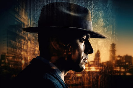 poster banner for thriller movie with a man detective in hat. Generative AI illustrationの素材