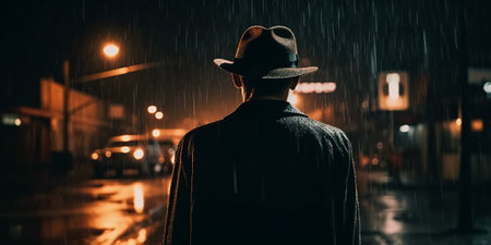 back of male detective spy in hat and coat on street at night in rain in noir style. Generative AIの素材