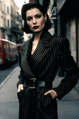 stylish woman fashionably dressed posing on street. Vintage retro fashion of 1970s and 1980s. Generative AIの素材