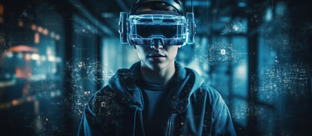 woman in virtual reality glasses in cyberspace of metaverse with augmented reality of future. Generative AIの素材