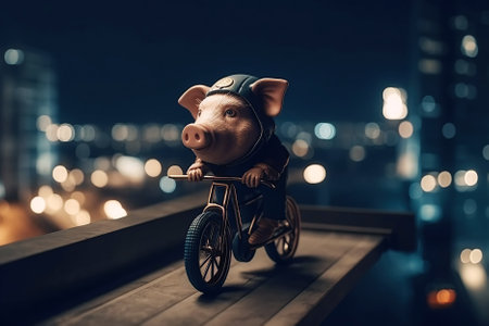 pig on a bicycle rides on roof of a skyscraper at night. Generative AI illustrationの素材