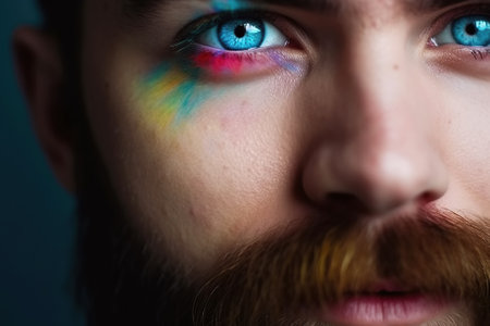 eye of man with eyeliner and mascara on face with makeup close-up. Mens beauty cosmetics. Generative AIの素材