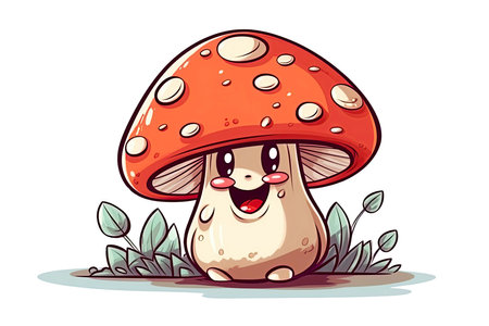 cartoon character happy mushroom fly agaric amanita toadstool on white isolated background. Generative AI illustrationの素材