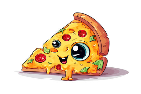 piece of pizza on white isolated background. Cute cartoon character. Generative AI illustrationの素材