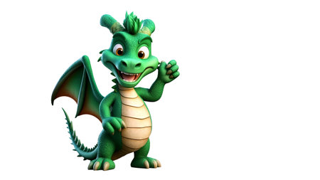 baby green dragon points finger at copy space on white isolated background. Cartoon character. Symbol of new year 2024. Generative AI illustrationの素材