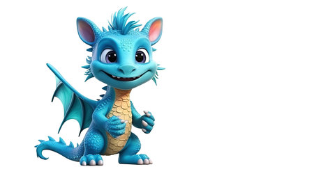 cute little blue dragon dinosaur points finger at copy space on white isolated background. Cartoon character. Generative AI illustrationの素材