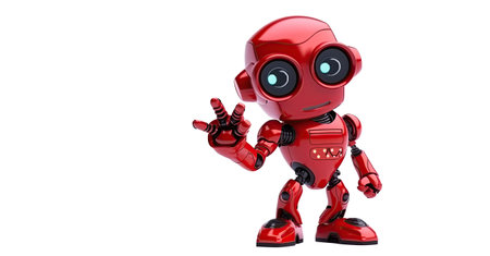 cartoon character cute robot pointing finger at copy space on white isolated background. Generative AI illustrationの素材