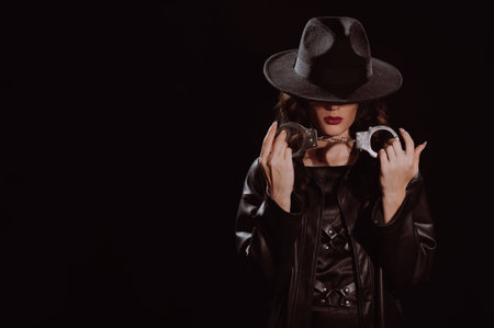 Female dominatrix with handcuffs for BDSM sex with submission and domination in the style of a...