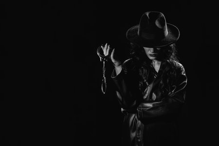 woman in a leather raincoat and hat with police handcuffs for BDSM sexの写真素材