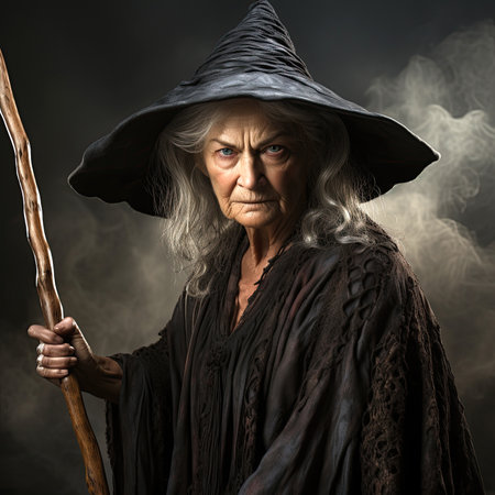 old scary witch with broom in hat and black costume on dark background. Generative AI illustrationの素材