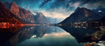 starry night sky with stars and milky way over mountains and lake. Generative AI illustrationの素材