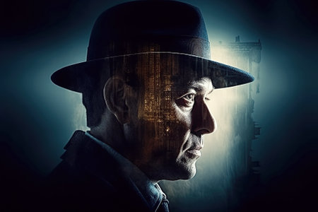 male detective in hat with a double multi exposure. Poster banner for thriller movie and novel book. Generative AI illustrationの素材