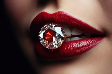 ring with precious stone diamond in womans lips with red lipstick close-up. Generative AIの素材