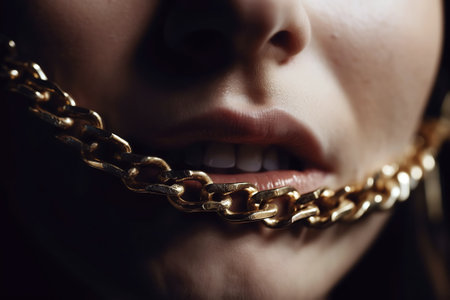 gold precious chain on womans face with mouth with open lips. Generative AIの素材