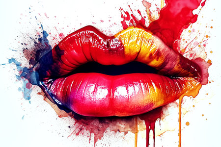 sexy open female mouth with red lips with paint and splashes. Art poster on white isolated background. Generative AIの素材