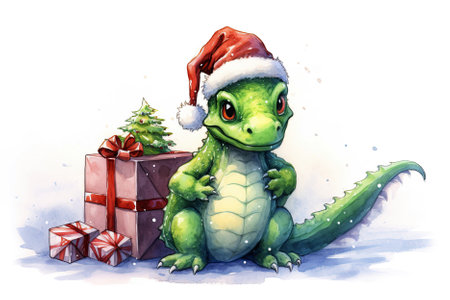 Christmas greeting card with a green dragon in red Santa Claus hat with gifts in boxes in winter. Symbol of Chinese new year 2024 on a white isolated backgroundの素材