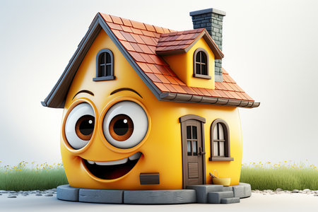 Happy smiling yellow fairy tale house in nature. Cartoon characterの素材