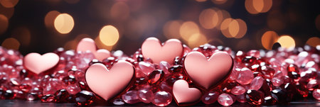 festive background with shiny red pink voluminous hearts for holiday card to celebrate valentines dayの素材