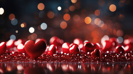 festive background with shiny red voluminous hearts for holiday card to celebrate valentines dayの素材