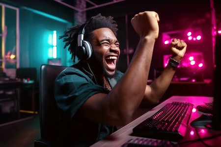 black happy male player behind a computer monitor is happy to win the cybersports games competition. Generative AIの素材