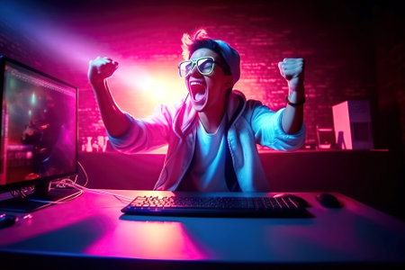happy man professional online player joyful at win in cybersports. Generative AIの素材