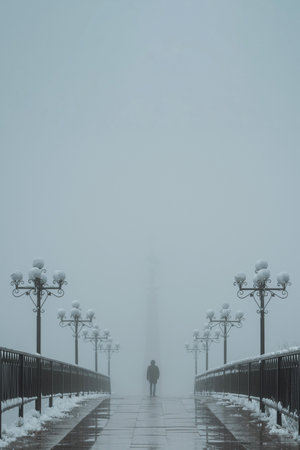 silhouette back lonely man maniac walks on foggy bridge with lanterns in winter with snow and fog...
