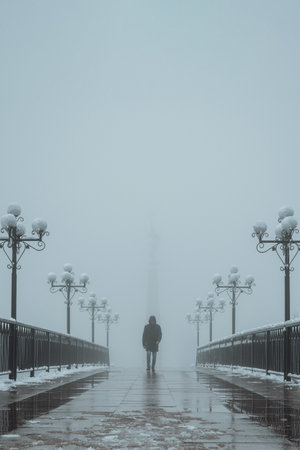 silhouette lonely man maniac walks on foggy bridge with lanterns in winter with snow and fog mistの写真素材