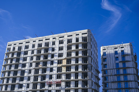 SHYMKENT, KAZAKHSAN - JANUARY 03, 2024: residential building under construction with installed...