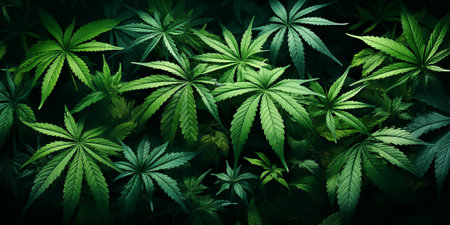 leaves of cannabis marijuana bushes on green backgroundの素材