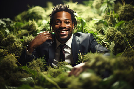 happy black businessman laughs while lying on pile of marijuana cannabis bushesの素材