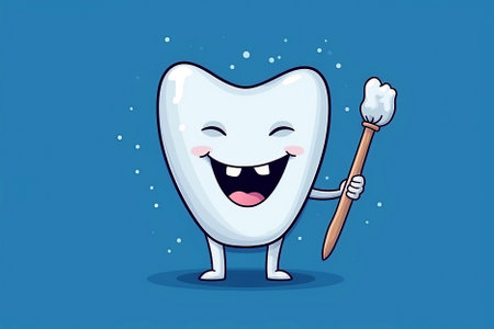 Happy healthy character tooth with toothbrush on blue background. Generative AI illustrationの素材