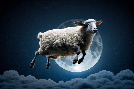 sheep flying against the background of moon in night starry sky. Concert of childrens dreamy dreams. Generative AI illustrationの素材