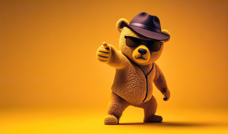 plush toy character stylish teddy bear in hat and sunglasses points with finger on yellow background. Generative AI illustrationの素材
