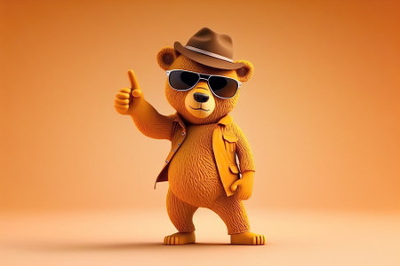plush toy character stylish teddy bear in hat and sunglasses points with finger on yellow background. Generative AI illustrationの素材