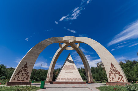 SHYMKENT, KAZAKHSTAN - JULY 07, 2023: Monument of 550 years of the Kazakh Khanate in Shymkentのeditorial素材