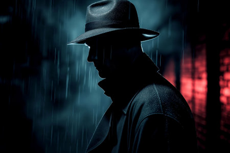 dangerous man murderer rapist in a hat and coat at night on street in dark. Silhouette in the rainの素材