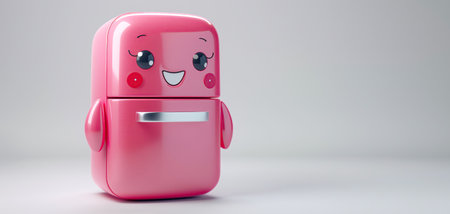 Happy cartoon character pink refrigerator on an isolated white backgroundの素材