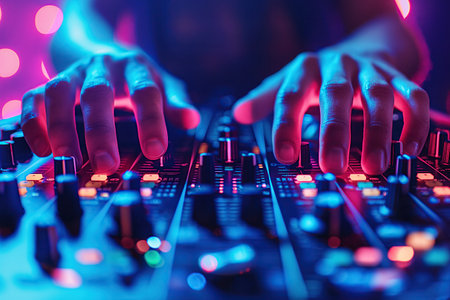 male hands of DJ mixes music on a DJ console mixer board at a night clubの素材
