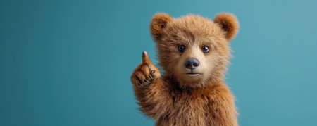 cute little bear points finger at copy space on a blue isolated backgroundの素材