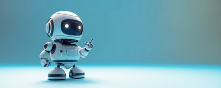 cartoon character cute happy robot points finger at a copy space on blue isolated backgroundの素材