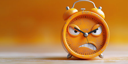 Cartoon character angry alarm clock on orange isolated background with copy spaceの素材