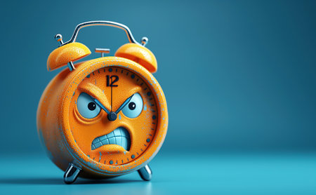 Cartoon character angry sad alarm clock on a blue isolated background. Deadline, time to wake up in morningの素材